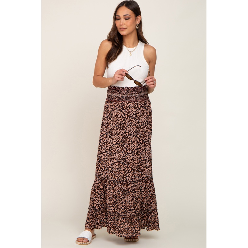 Black Animal Print Smocked Tiered Maternity Maxi Skirt