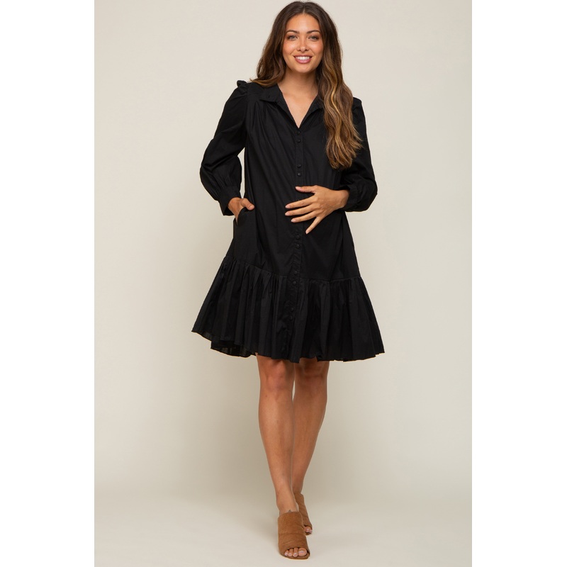 Black Button Down High Neck Long Sleeve Maternity Dress