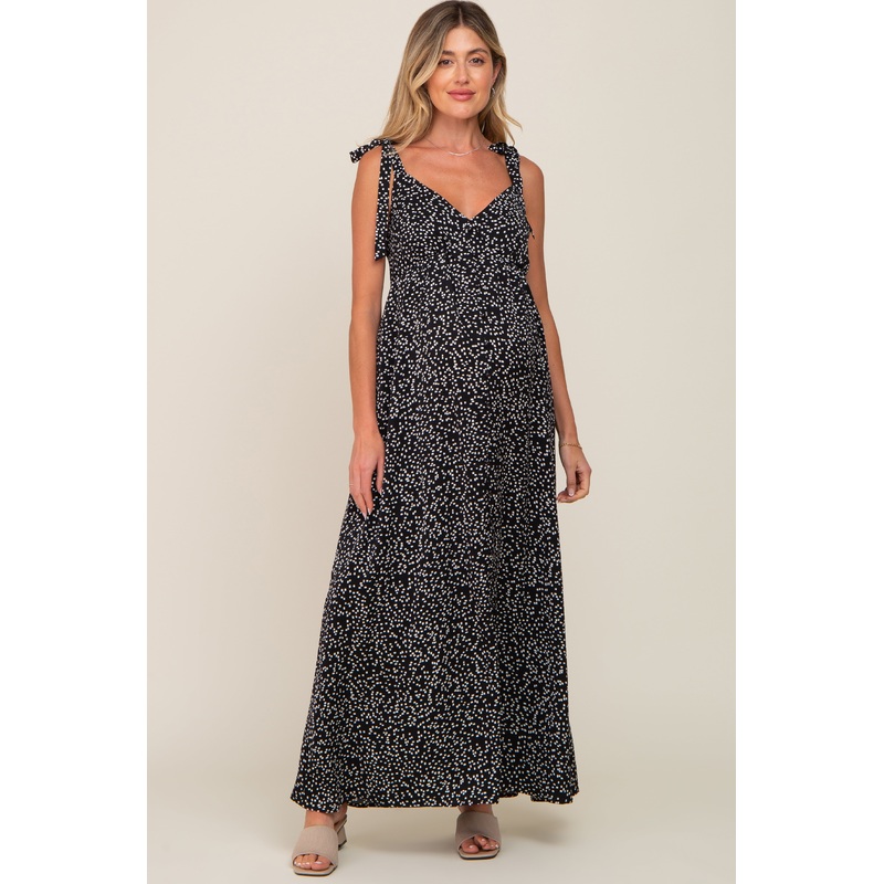 Black Button Front Tie Shoulder Maternity Maxi Dress