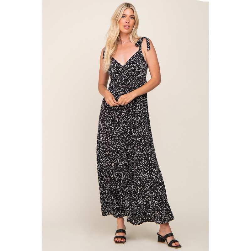 Black Button Front Tie Shoulder Maxi Dress