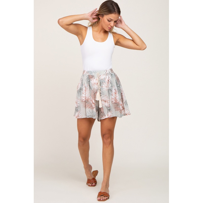 Light Olive Palm Print Drawstring Accent Shorts