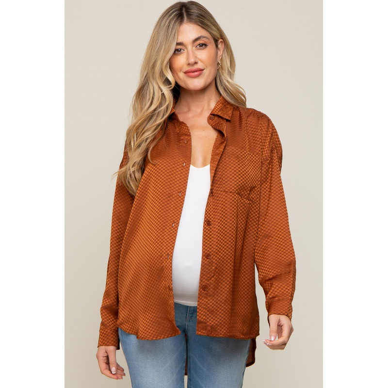 Rust Satin Checkered Print Maternity Blouse