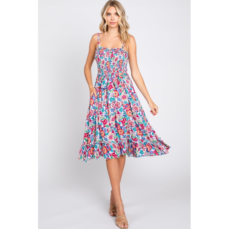 White Floral Smocked Tie Waist Sleeveless Dress