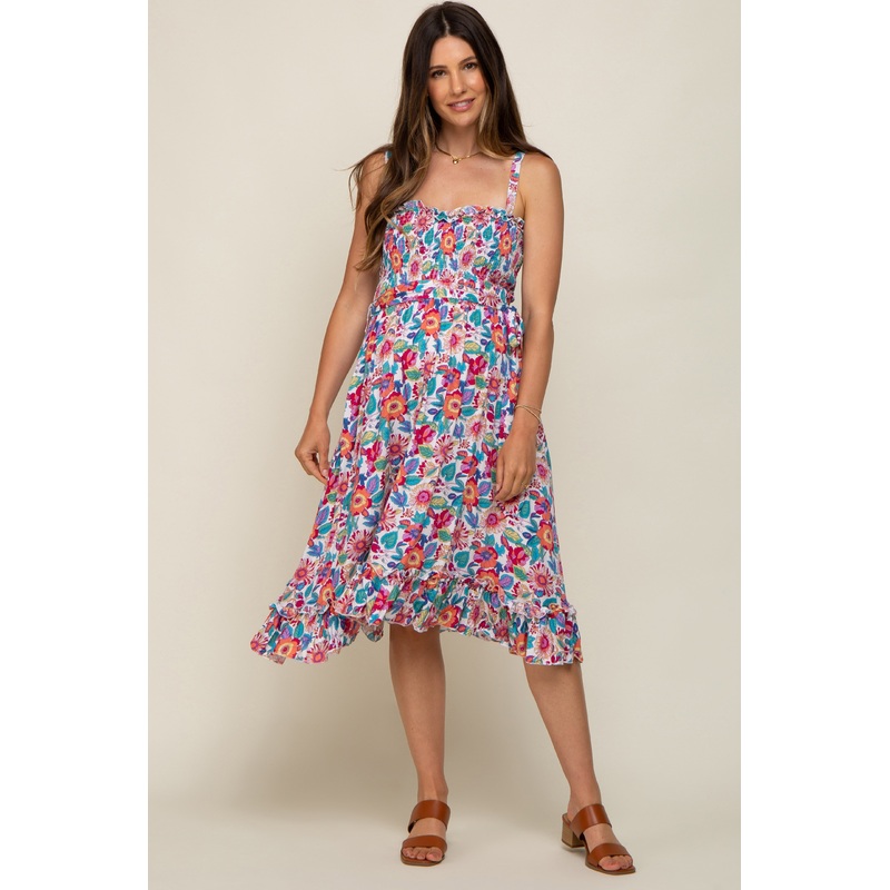 White Floral Smocked Tie Waist Sleeveless Maternity Dress