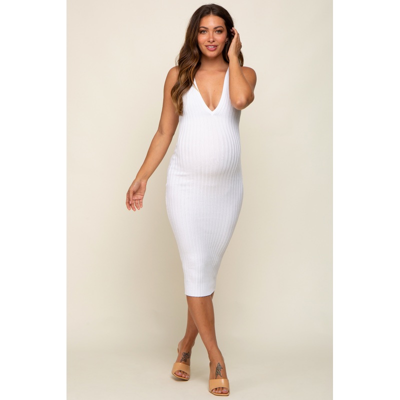 White Ribbed Knit Fitted V-Neck Maternity Midi Dress