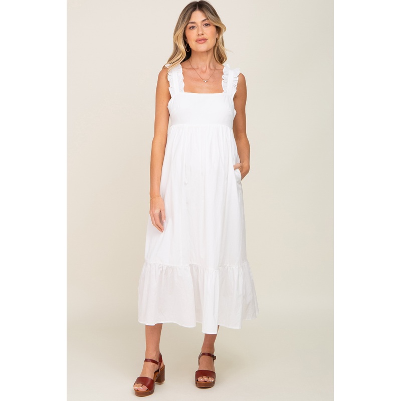 White Ruffle Accent Back Tie Maternity Midi Dress