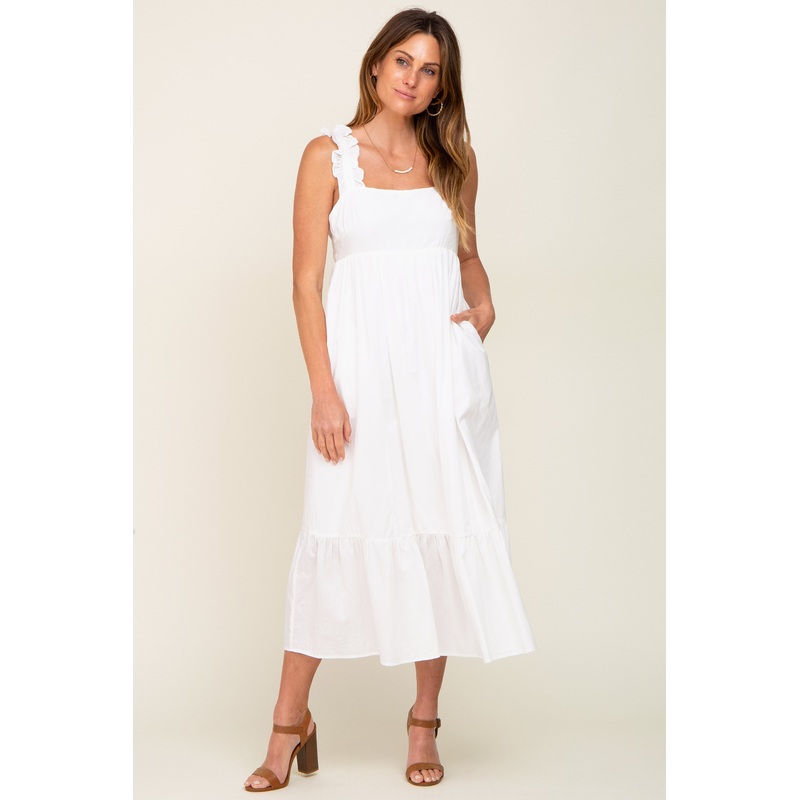 White Ruffle Accent Back Tie Midi Dress