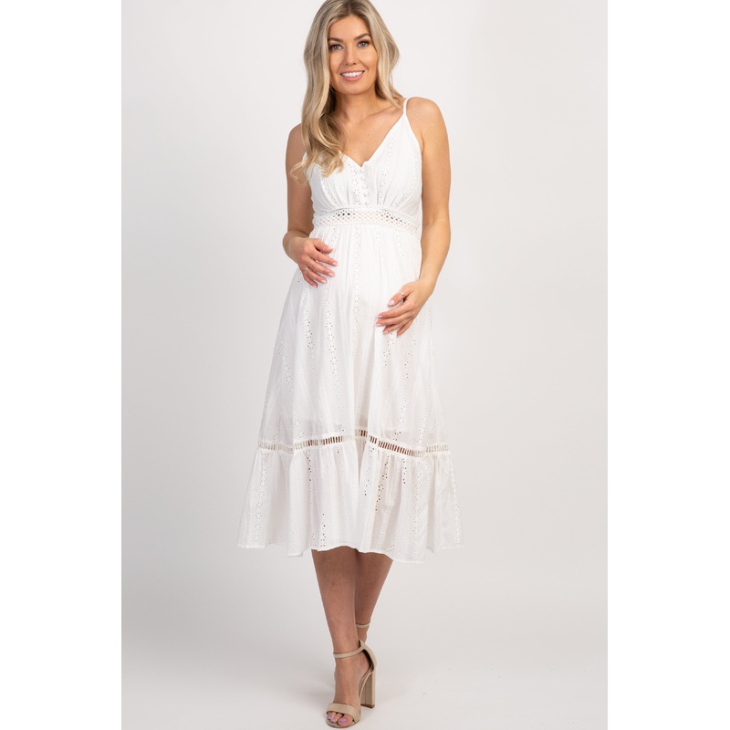 White V-Neck Front Button Eyelet Maternity Midi Dress