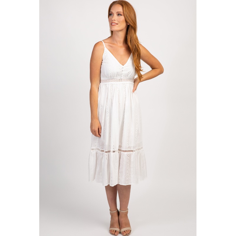 White V-Neck Front Button Eyelet Midi Dress