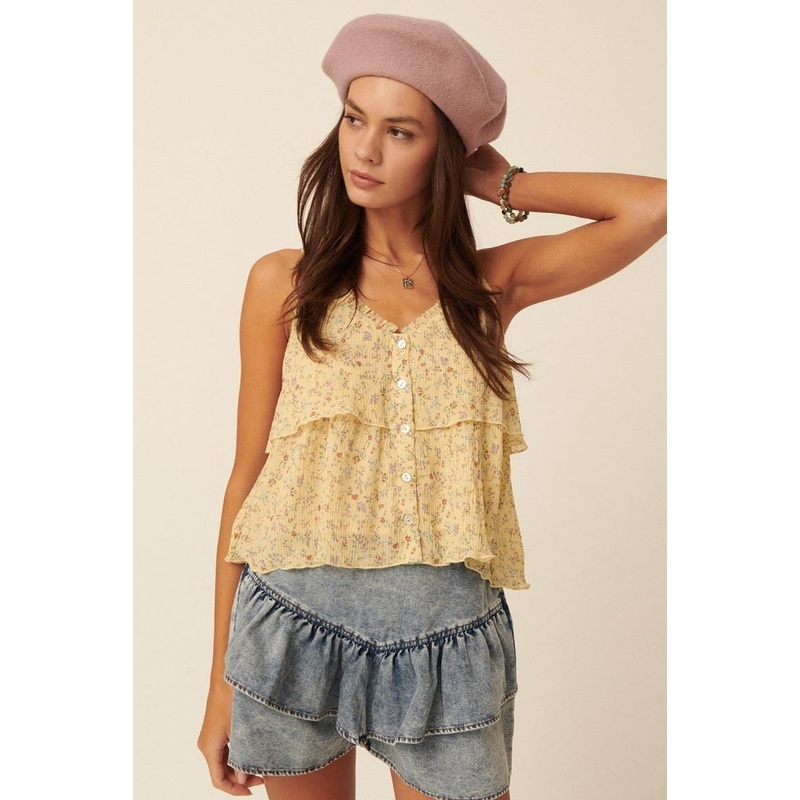 Yellow Floral Sweetheart Flounce Ruffle Camisole Top