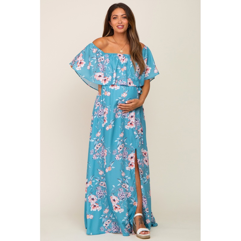 Aqua Floral Overlay Off-Shoulder Side Slit Maternity Maxi Dress