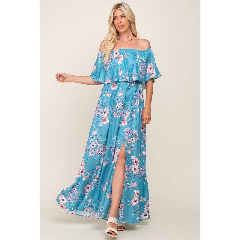 Aqua Floral Overlay Off-Shoulder Side Slit Maxi Dress
