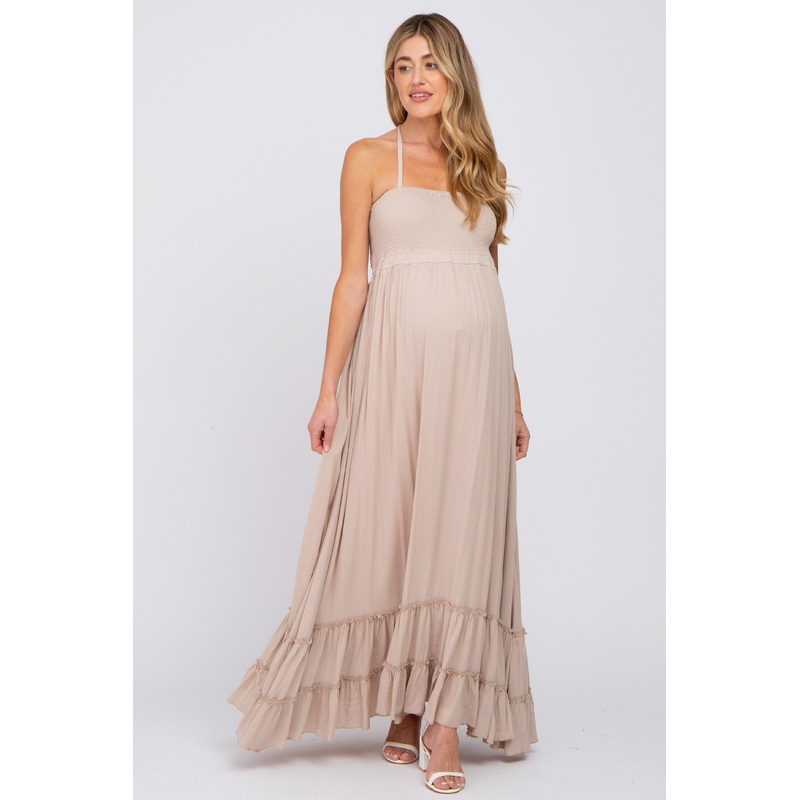 Beige Halter Neck Cut Out Maternity Maxi Dress
