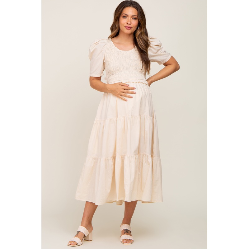 Beige Smocked Tiered Ruffle Maternity Midi Dress