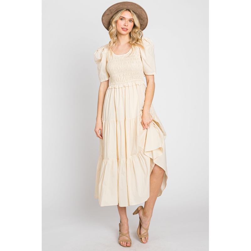 Beige Smocked Tiered Ruffle Midi Dress