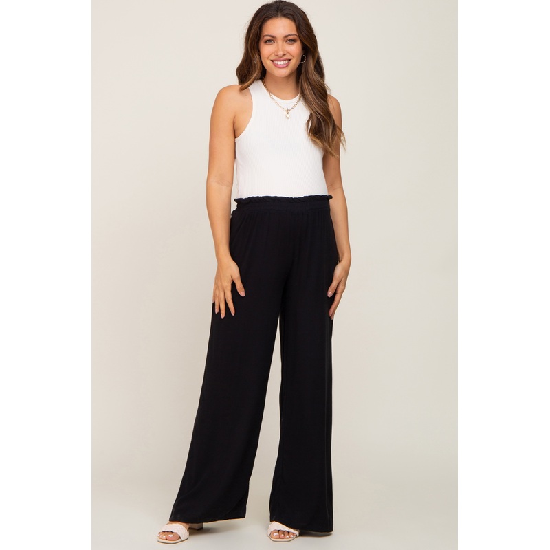 Black Basic Elastic Waist Wide Leg Maternity Pants