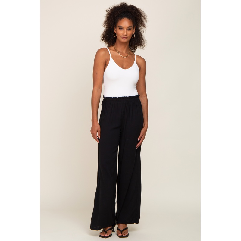 Black Basic Elastic Waist Wide Leg Pants