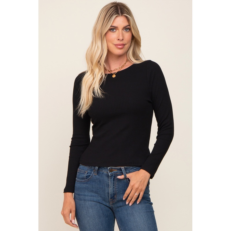 Black Ribbed Long Sleeve Crop Top