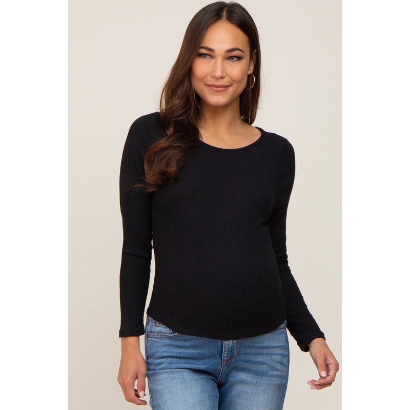 Black Ribbed Long Sleeve Maternity Crop Top