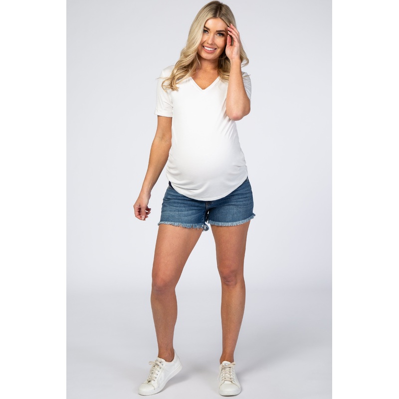 Navy Frayed Hem Maternity Jean Shorts
