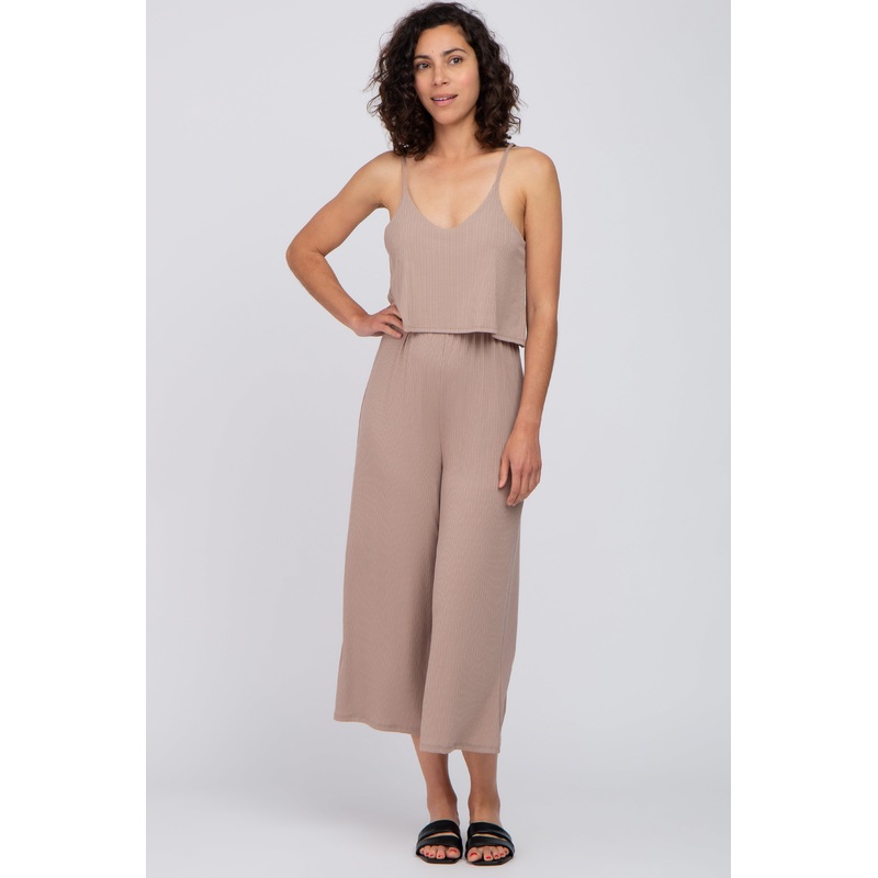 Taupe Ribbed Double Layer Cropped Jumpsuit