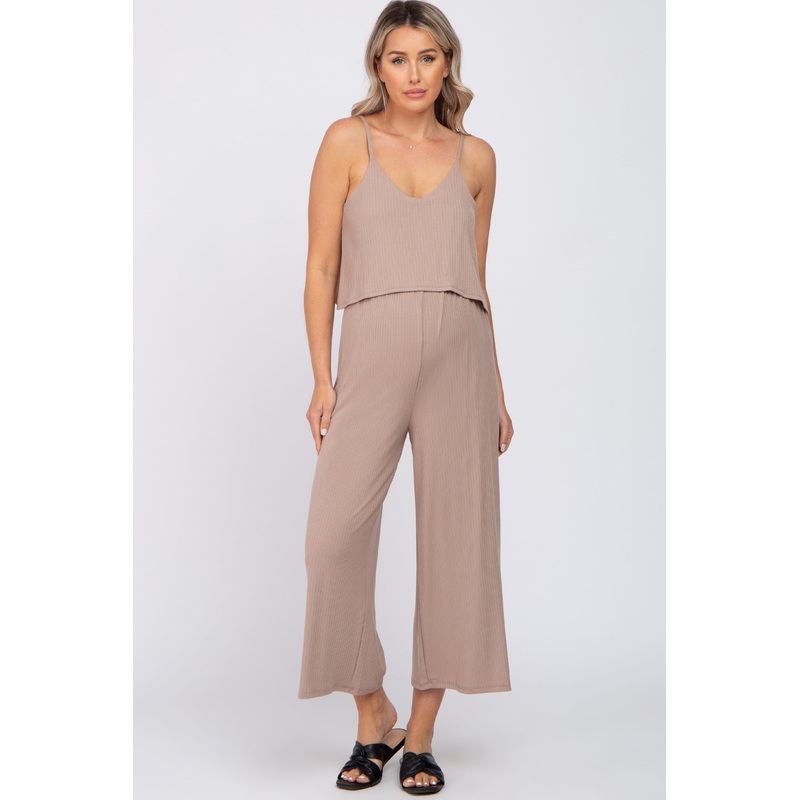 Taupe Ribbed Double Layer Cropped Maternity Jumpsuit