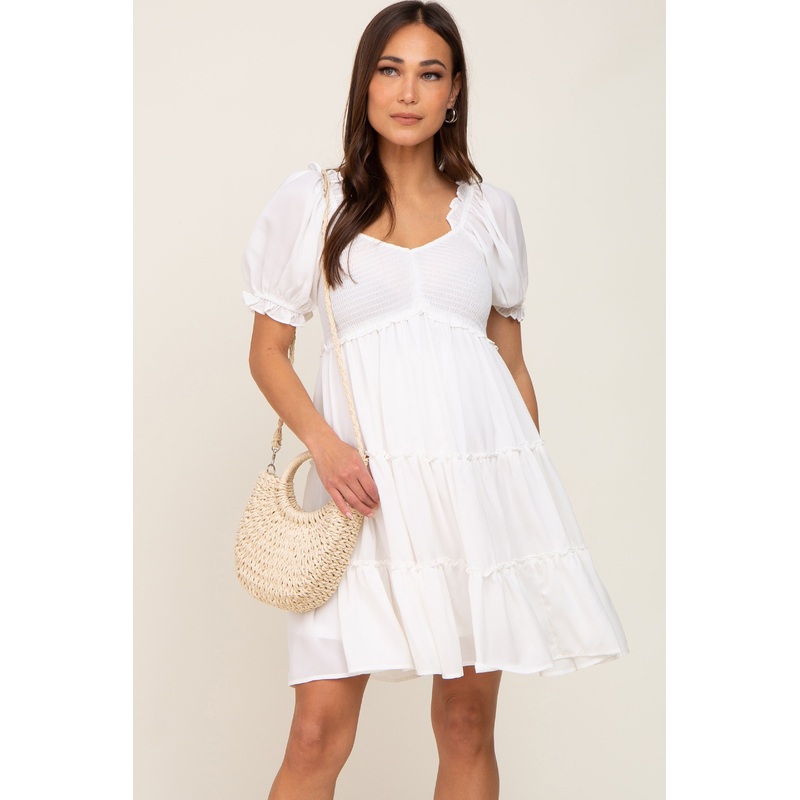 White Smocked Tiered Puff Sleeve Maternity Dress