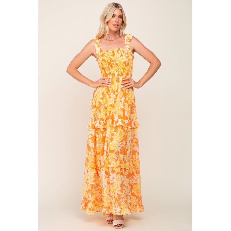 Yellow Leaf Print Shoulder Tie Tiered Dress