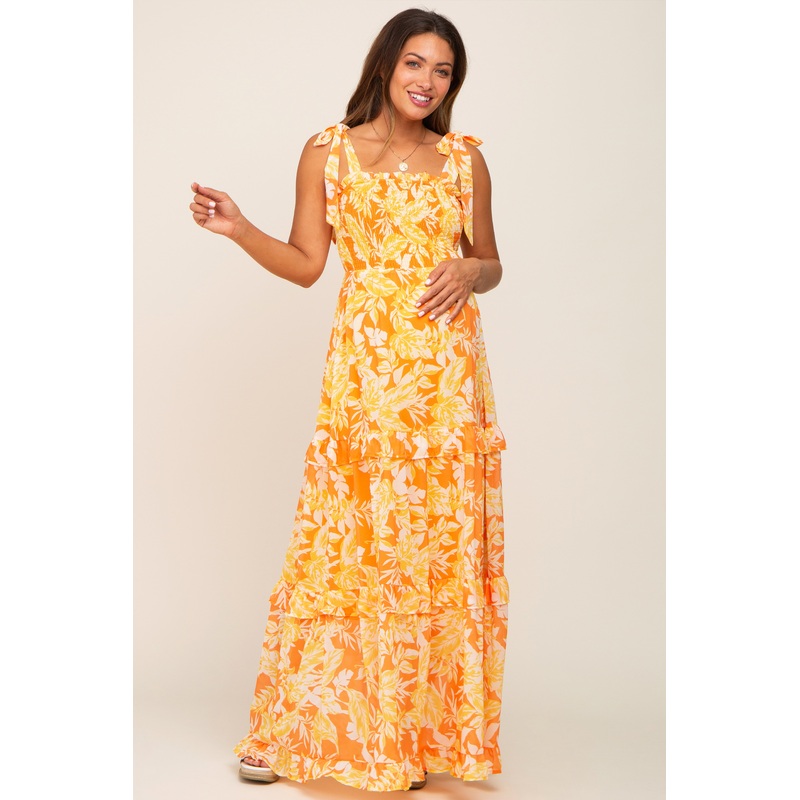 Yellow Leaf Print Shoulder Tie Tiered Maternity Dress