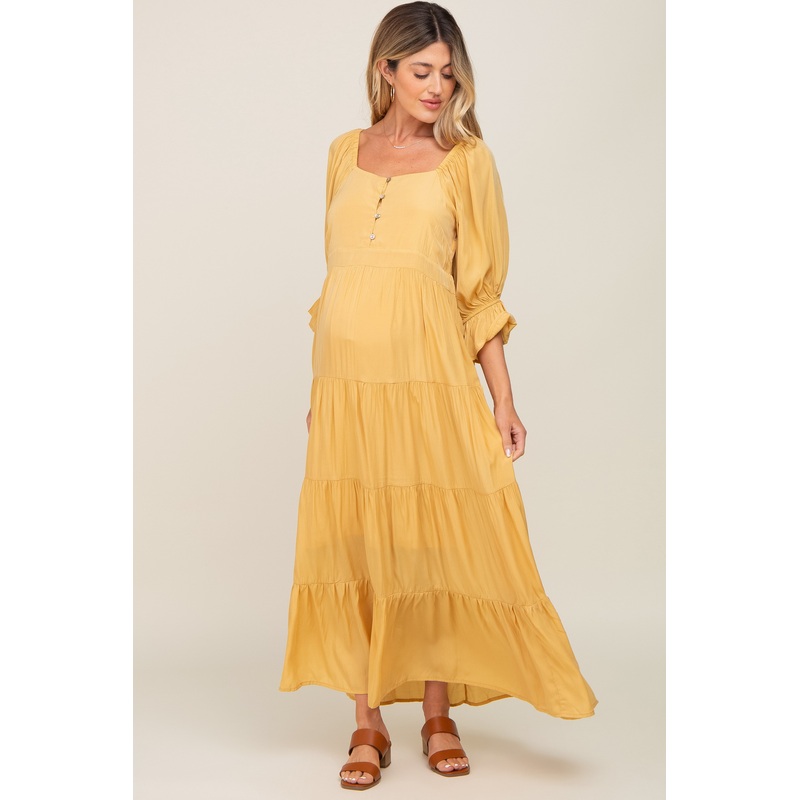 Yellow Square Neck Button Front 3/4 Bell Sleeve Maternity Maxi Dress