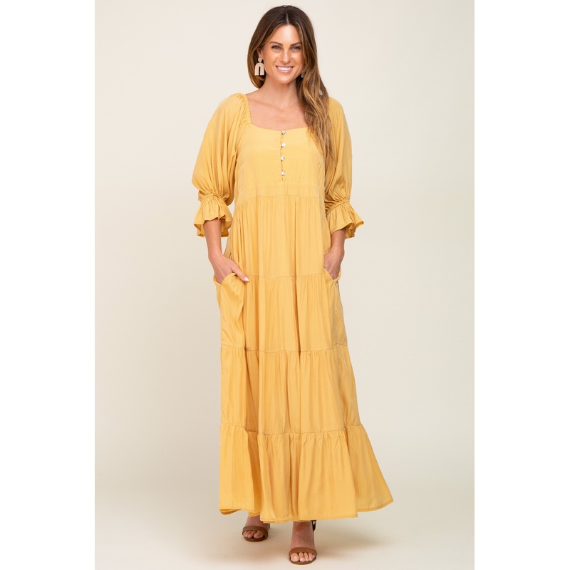 Yellow Square Neck Button Front 3/4 Bell Sleeve Maxi Dress