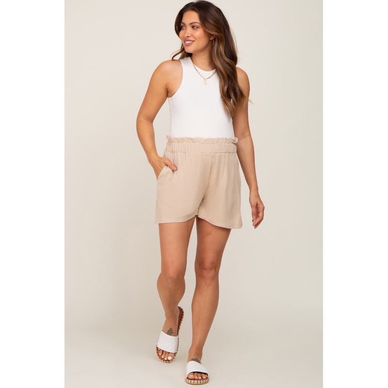 Beige Linen Ruffled Maternity Shorts