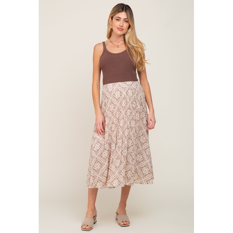 Beige Printed Pleated Maternity Midi Skirt