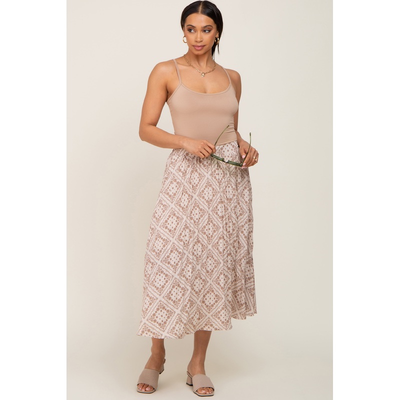 Beige Printed Pleated Midi Skirt