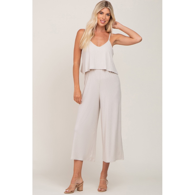 Beige Ribbed Double Layer Cropped Jumpsuit