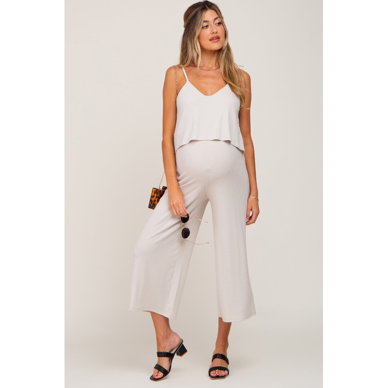 Beige Ribbed Double Layer Cropped Maternity Jumpsuit