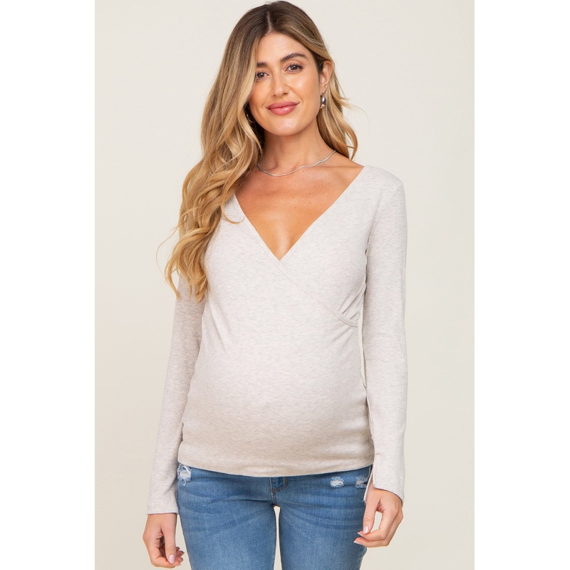 Beige Ribbed Long Sleeve Wrap Maternity Nursing Top