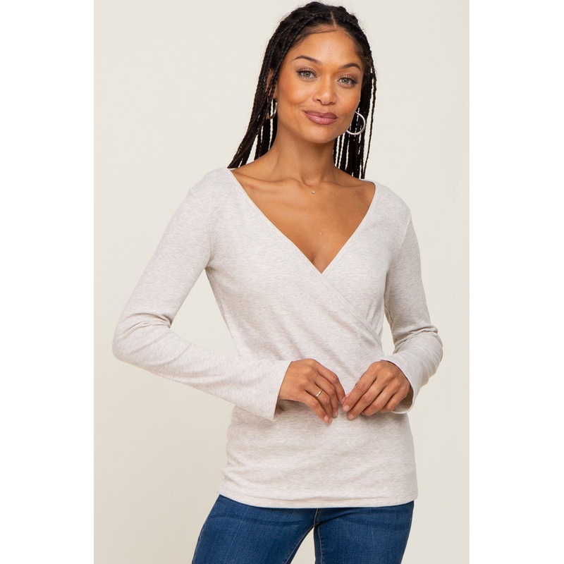 Beige Ribbed Long Sleeve Wrap Nursing Top