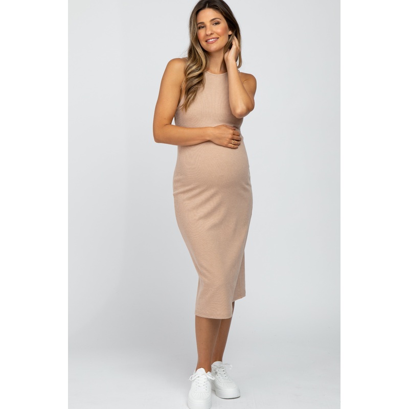 Beige Ribbed Open Back Maternity Midi Dress