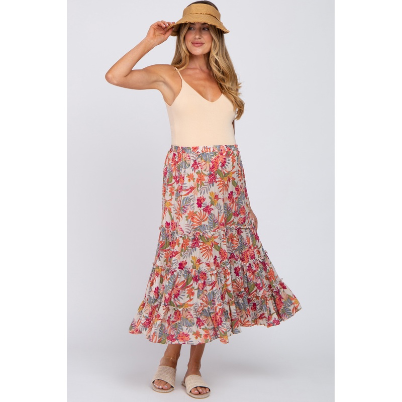 Beige Tropical Floral Ruffle Tiered Maternity Midi Skirt