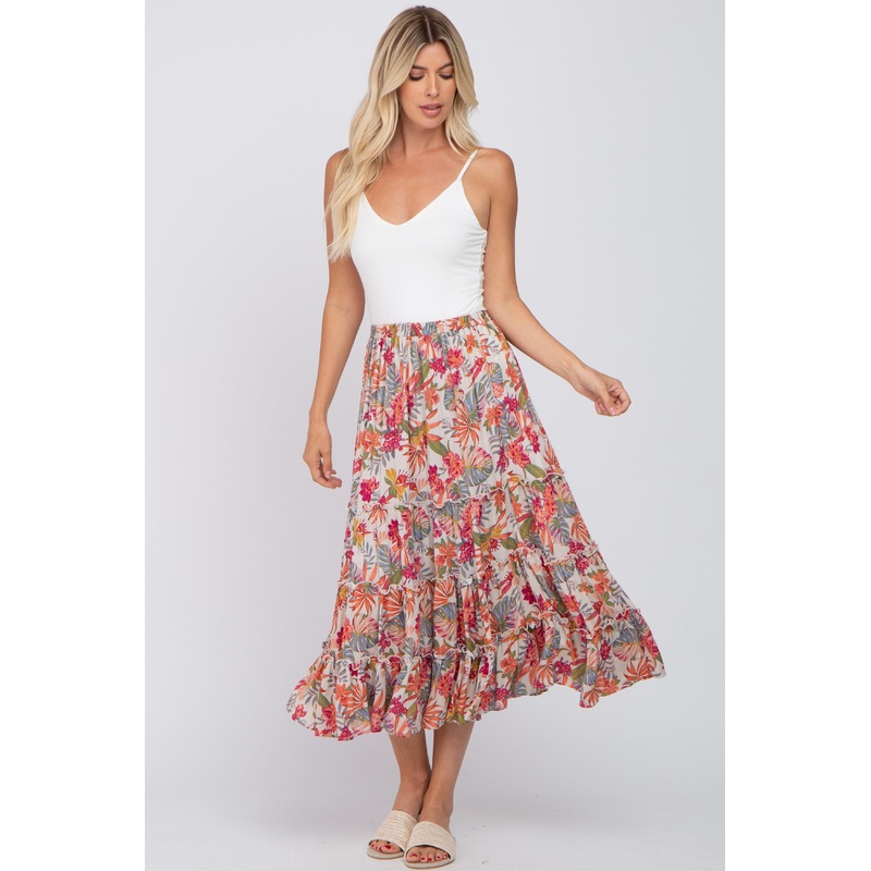 Beige Tropical Floral Ruffle Tiered Midi Skirt