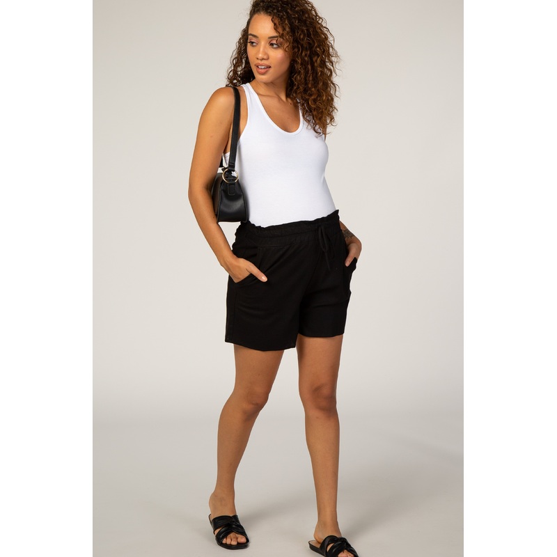 Black Linen Smocked Waist Maternity Shorts