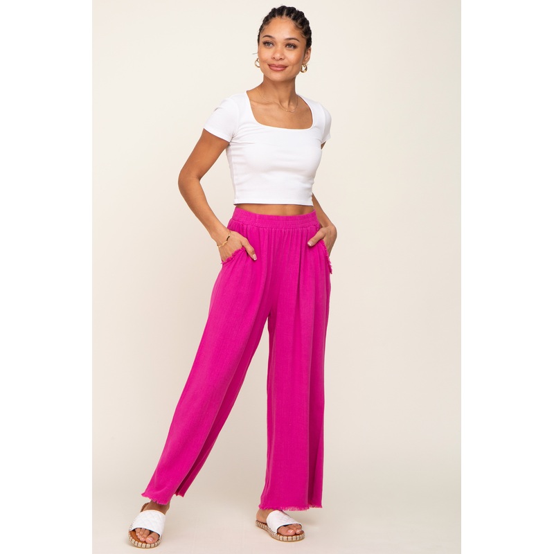 Fuchsia Fringe Hem Linen Pants