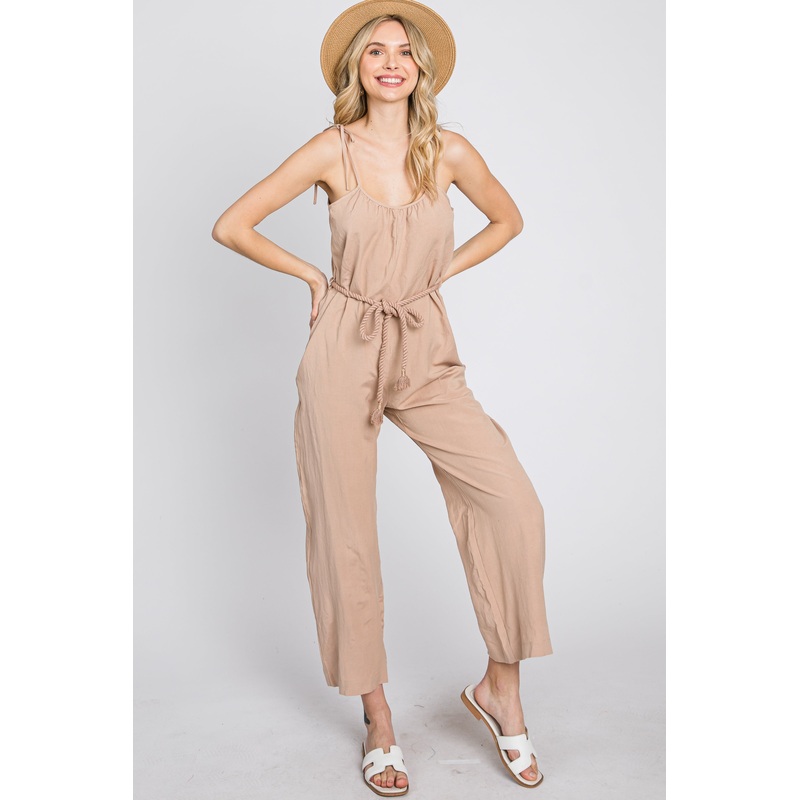 Light Mocha Shoulder Tie Linen Jumpsuit