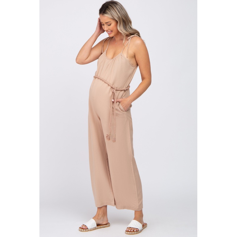 Light Mocha Shoulder Tie Linen Maternity Jumpsuit