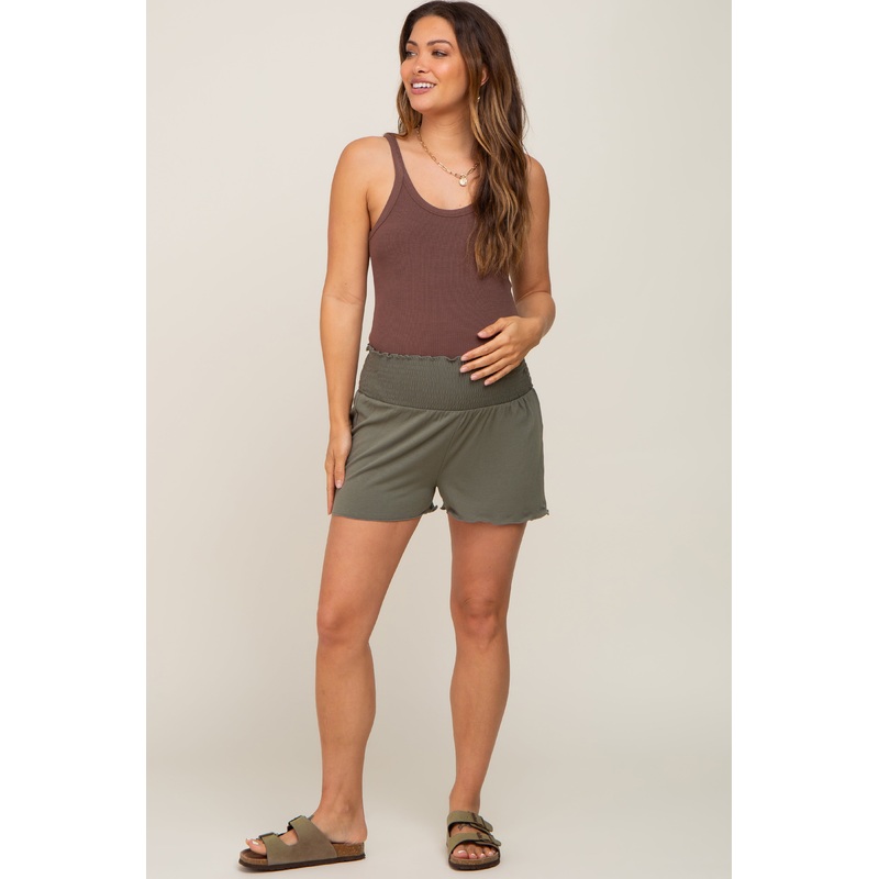Olive Smocked Maternity Lounge Shorts