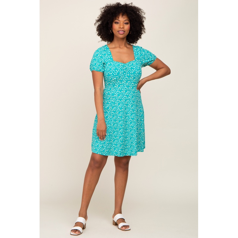 Turquoise Floral Criss Cross Back A-Line Dress