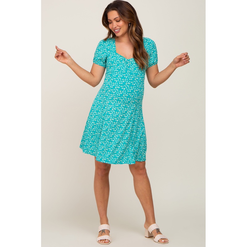 Turquoise Floral Criss Cross Back A-Line Maternity Dress