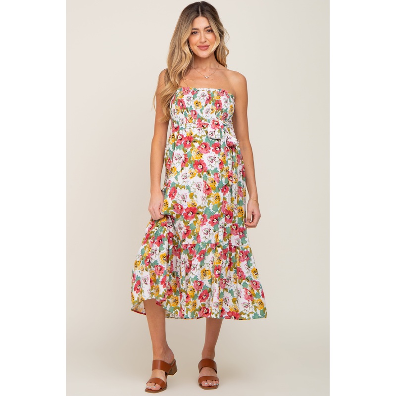 White Floral Strapless Smocked Maternity Midi Dress