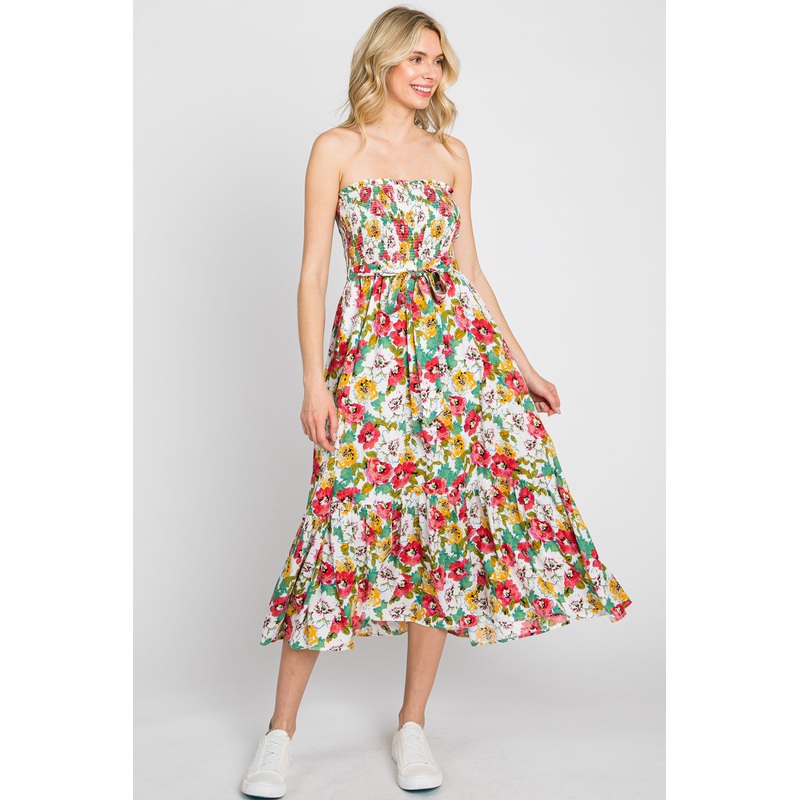 White Floral Strapless Smocked Midi Dress